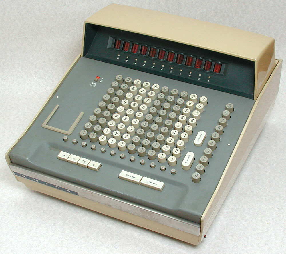 Figure 9 — 9 — A Sumlock/Bell Punch ANITA — the first all-electronic desktop calculator, its logic and registers built from cold-cathode tubes including dekatrons. Photo: MaltaGC (English Wikipedia),…